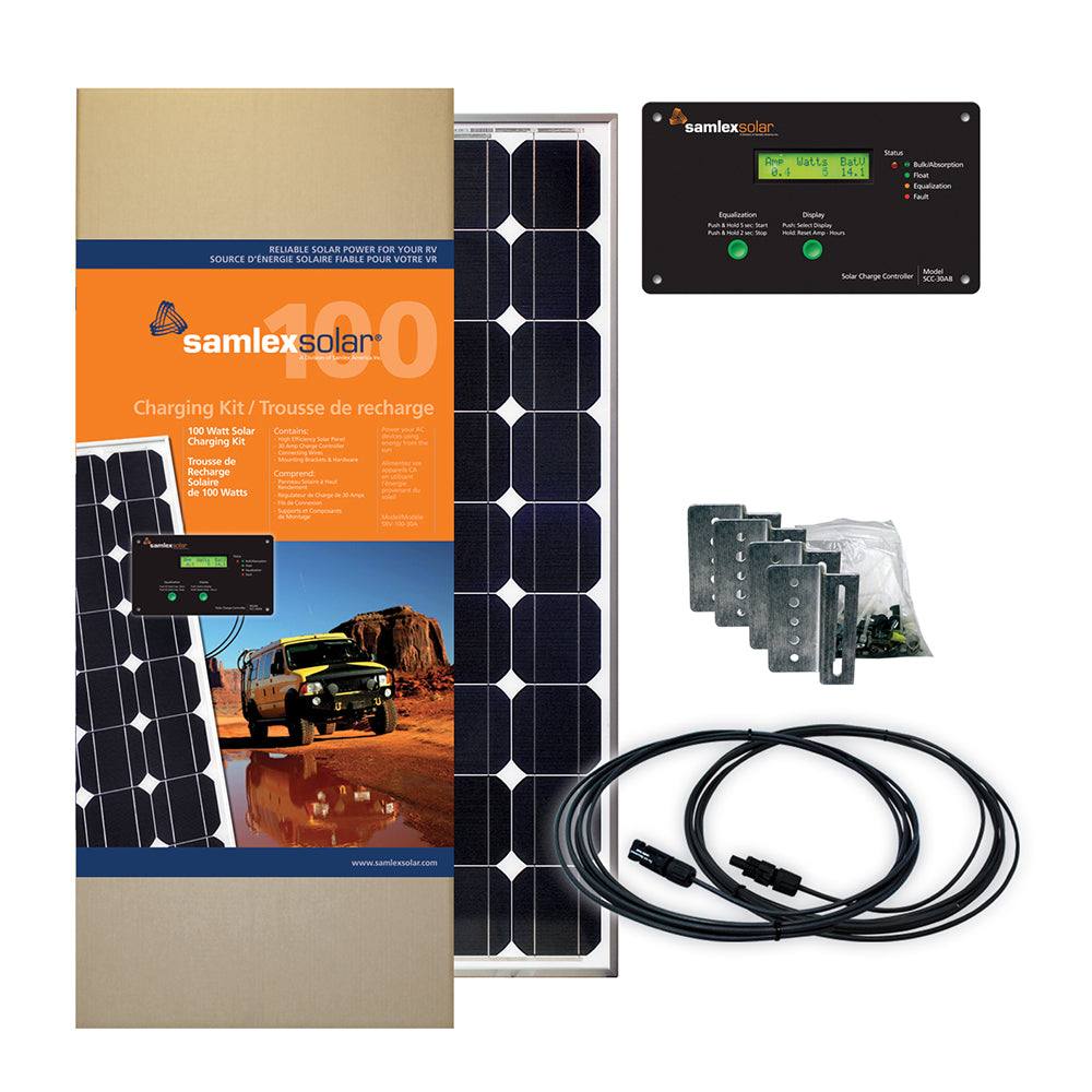 Samlex Solar Charging Kit 100W with 30A charge controller, solar panel, mounting brackets, and connecting wires for RV and off-grid power systems