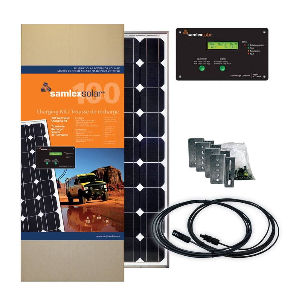 Samlex Solar Charging Kit 100W with 30A charge controller, solar panel, mounting brackets, and connecting wires for RV and off-grid power systems