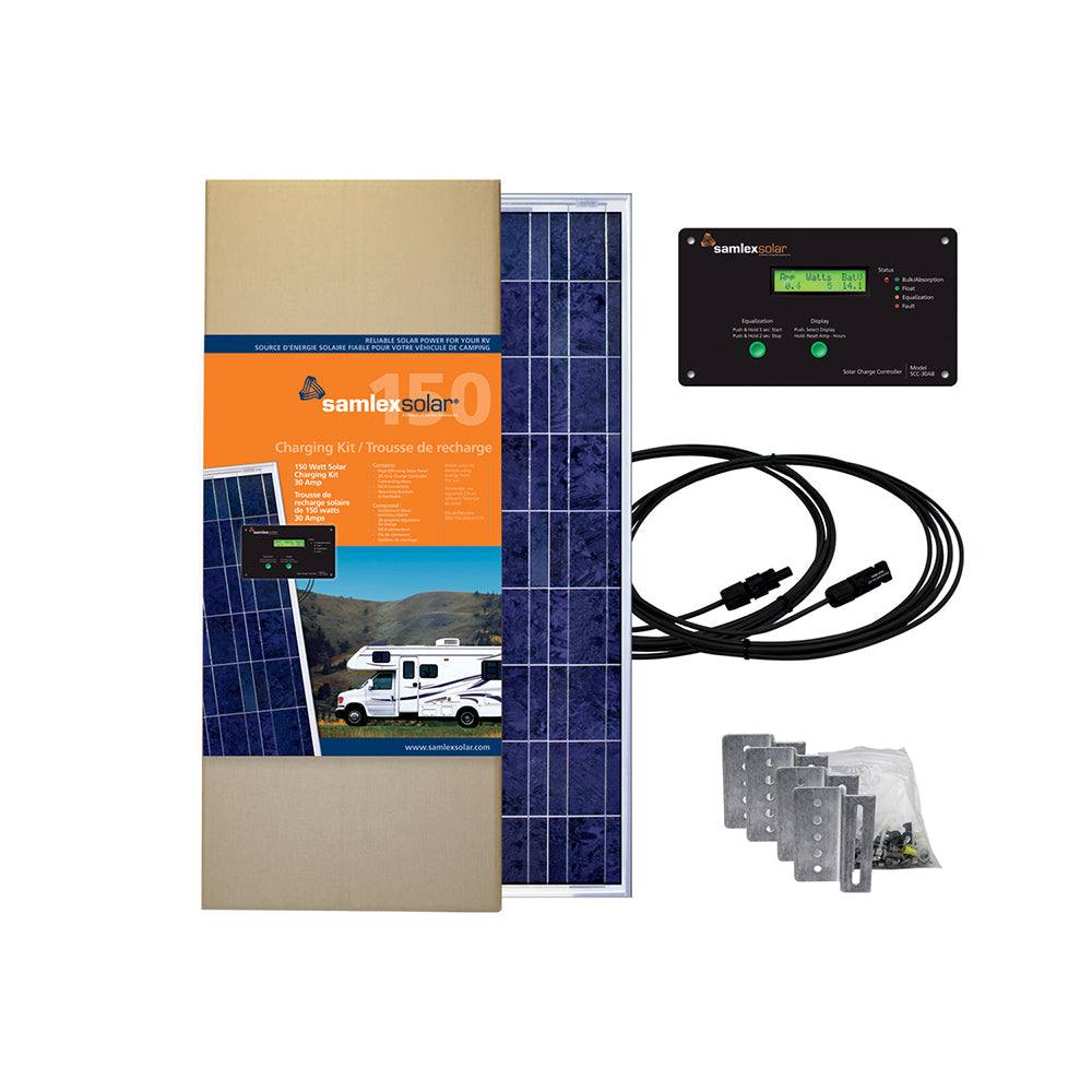 Samlex Solar Charging Kit 150W with charge controller, cables, and mounting hardware for RV and off-grid power systems