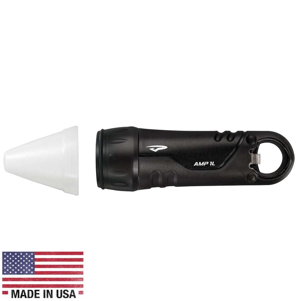 Princeton Tec Amp 1L black handheld flashlight with cone and bottle opener, waterproof and compact design