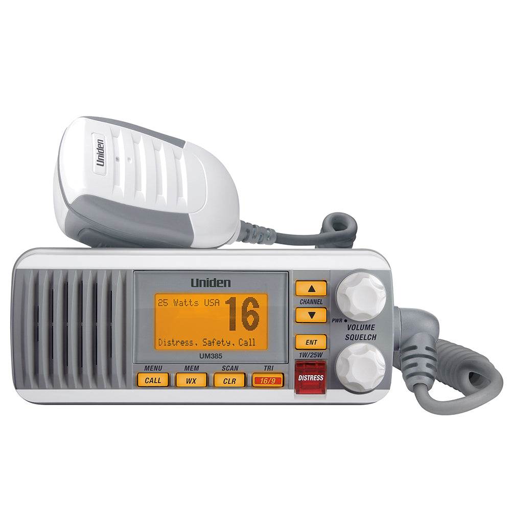 Uniden UM385 white fixed mount VHF marine radio with backlit display and distress call features