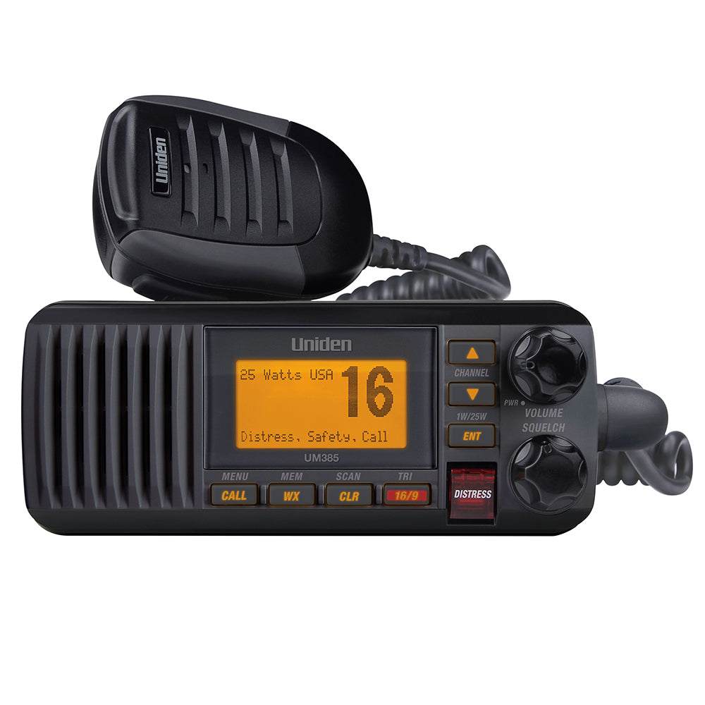 Uniden UM385 fixed mount black VHF marine radio with backlit display and distress call features