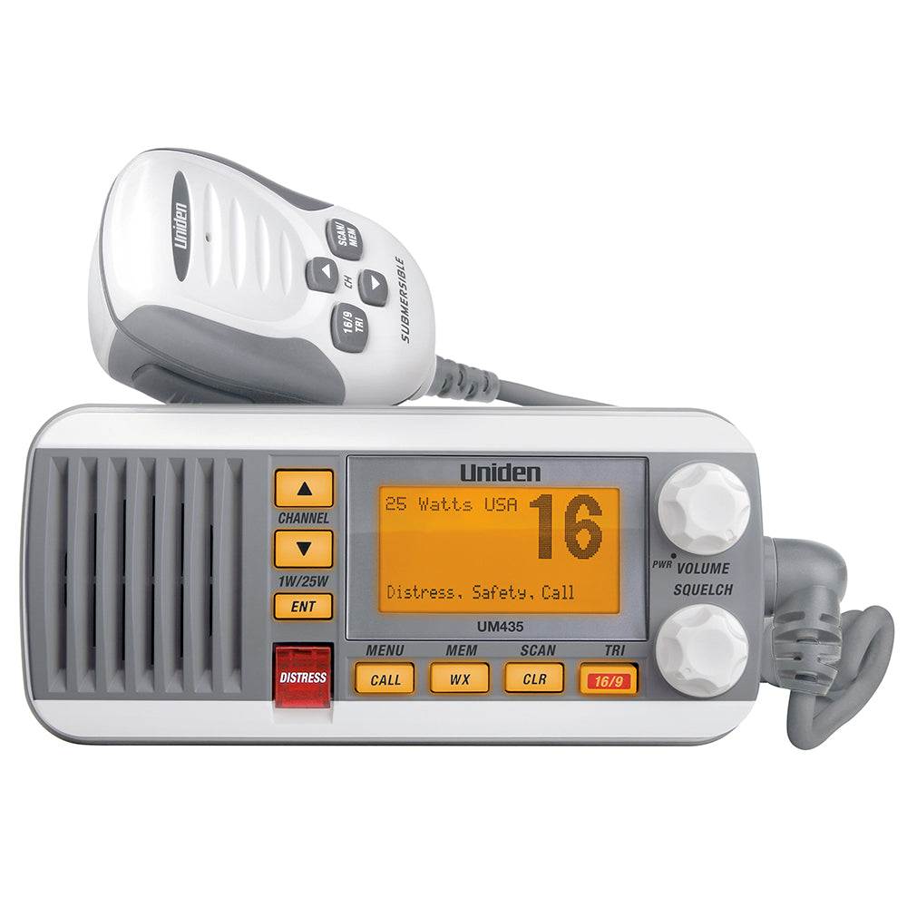Uniden UM435 fixed mount white VHF marine radio with backlit display and rugged microphone