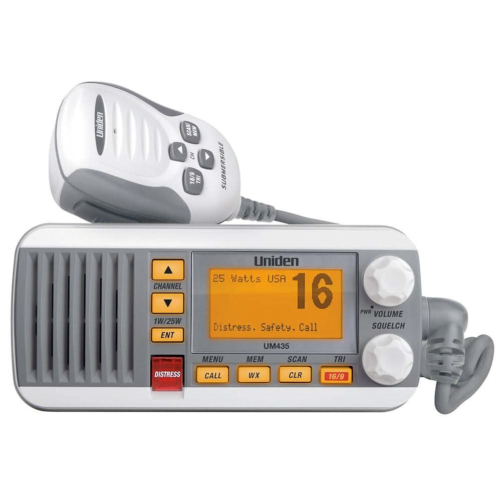 Uniden UM435 fixed mount white VHF marine radio with backlit display and rugged microphone