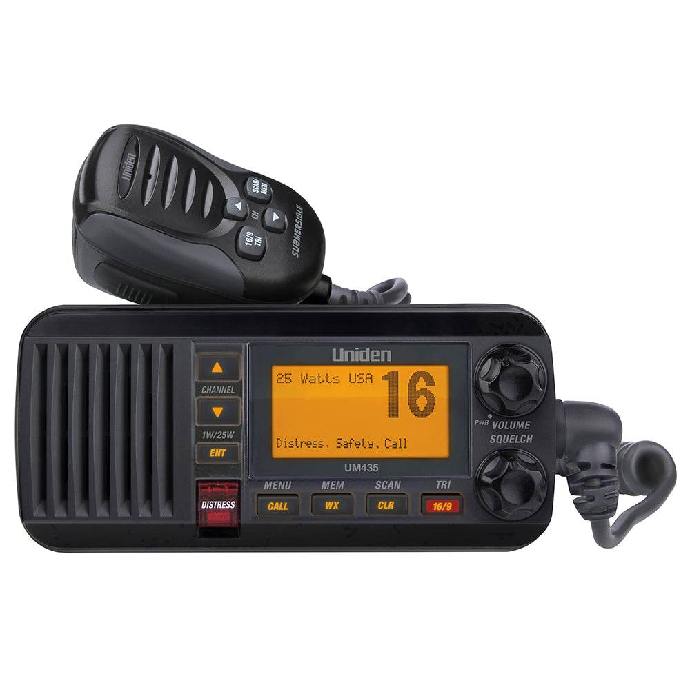 Uniden UM435 Fixed Mount VHF Radio black with front panel, submersible design, DSC, and backlit LCD display