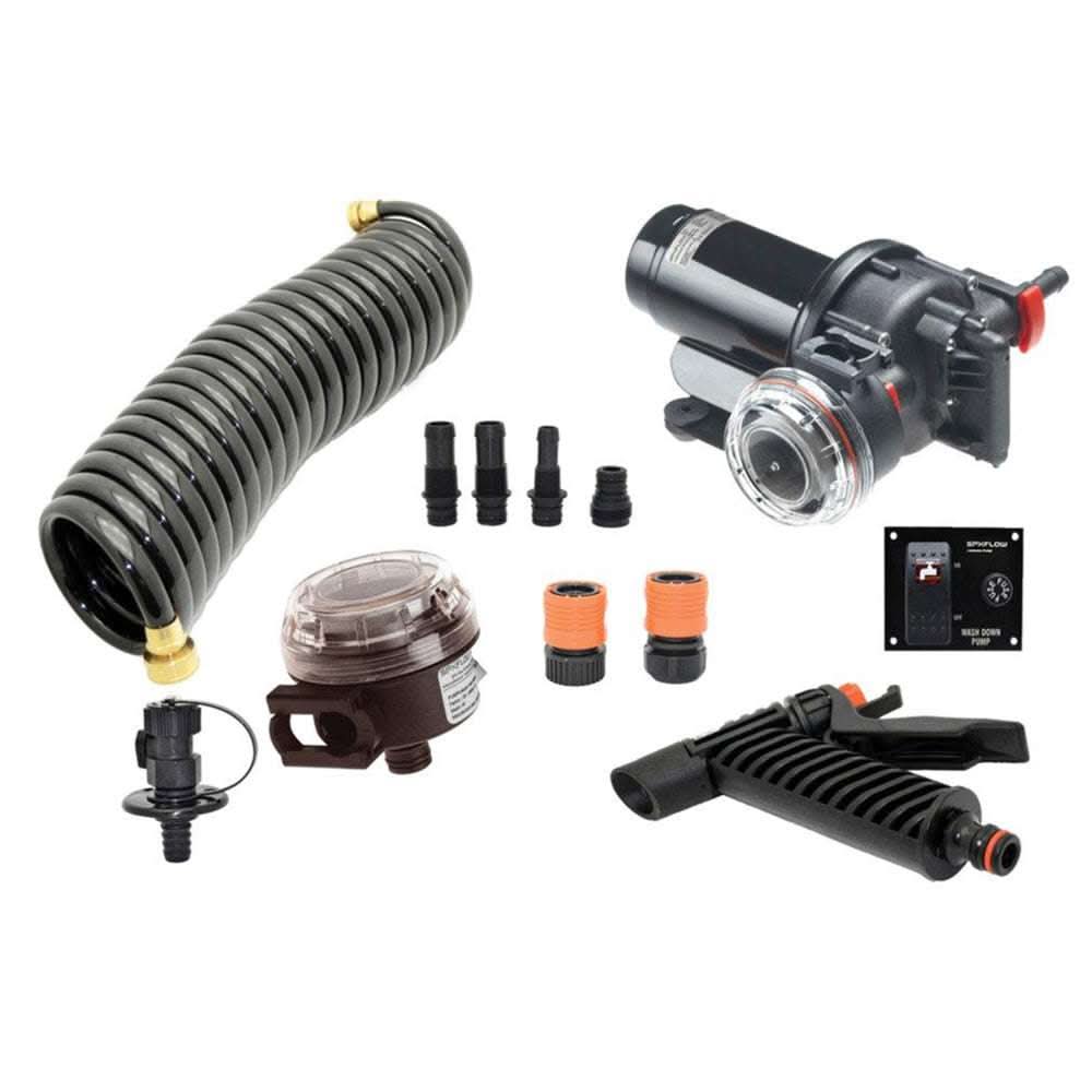 Johnson Pump Aqua Jet WD 3.5 GPM 12V pump kit with coiled hose, inlet strainer, spray nozzle, fittings, and panel switches