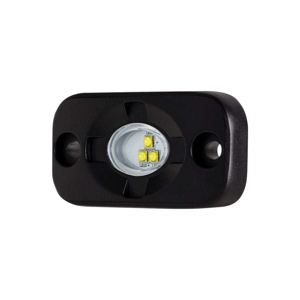 HEISE 1.5" x 3" white auxiliary accent lighting pod with black die-cast aluminum housing and 120° flood beam pattern