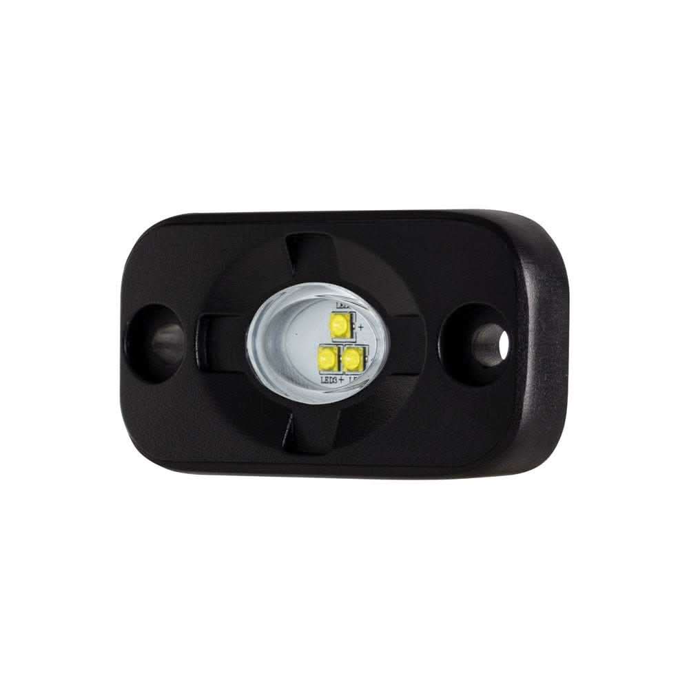 HEISE 1.5" x 3" white auxiliary accent lighting pod with black die-cast aluminum housing and 120° flood beam pattern