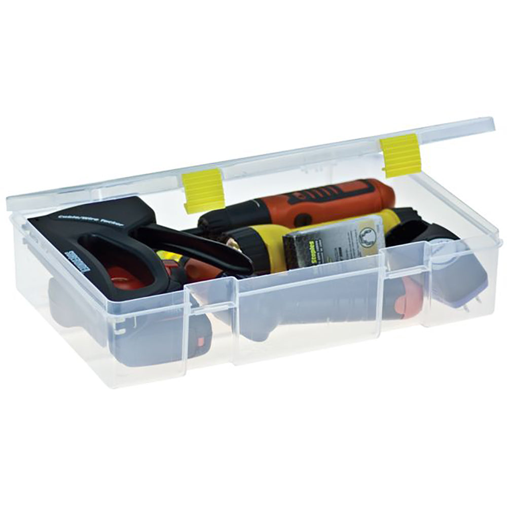 Plano Prolatch Stowaway deep clear storage box with one compartment and secure yellow latches containing tools