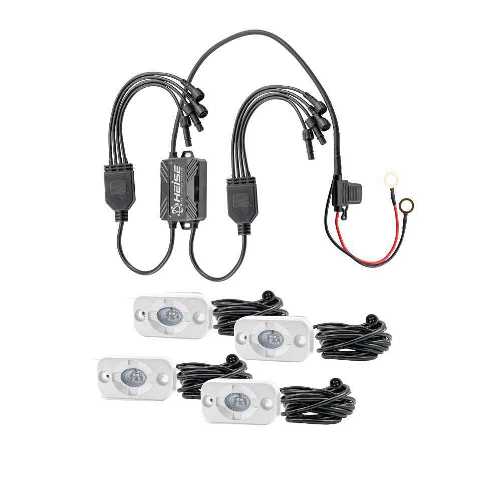 HEISE RBG Accent Light Kit with four white die-cast aluminum LED pods and control box for customizable RGB lighting