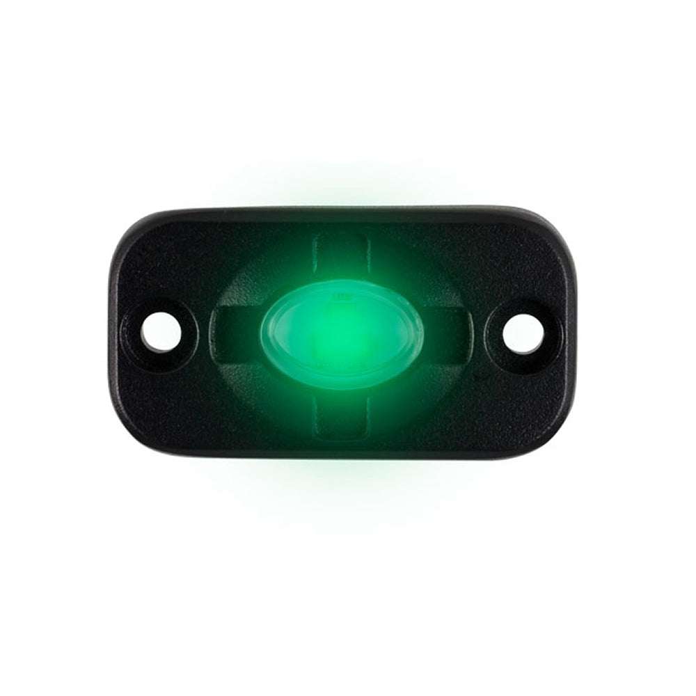 Black and green HEISE auxiliary accent lighting pod with die-cast aluminum housing and green CREE LEDs