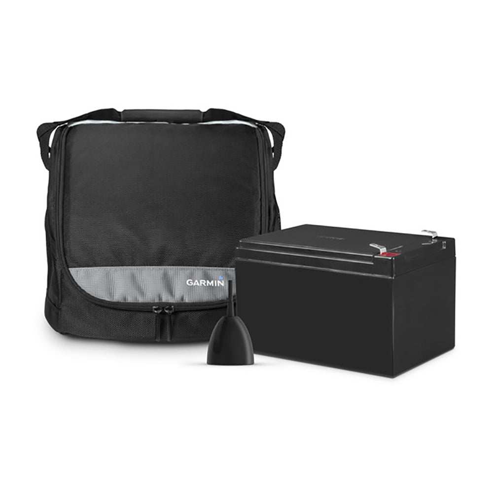 Garmin Portable Ice Fishing Kit with transducer, battery, charger, and carrying bag for echoMAP CHIRP devices