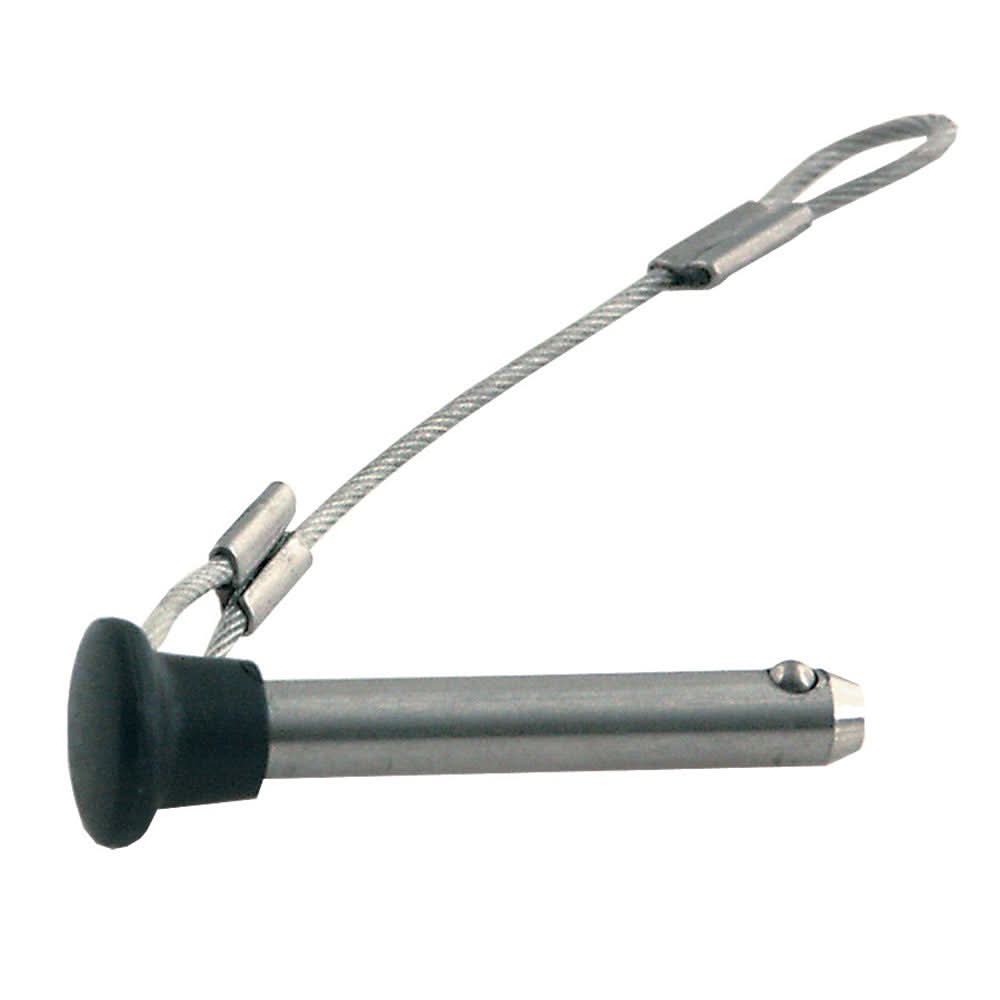 Stainless steel pin with plastic knob and attached lanyard for secure mounting