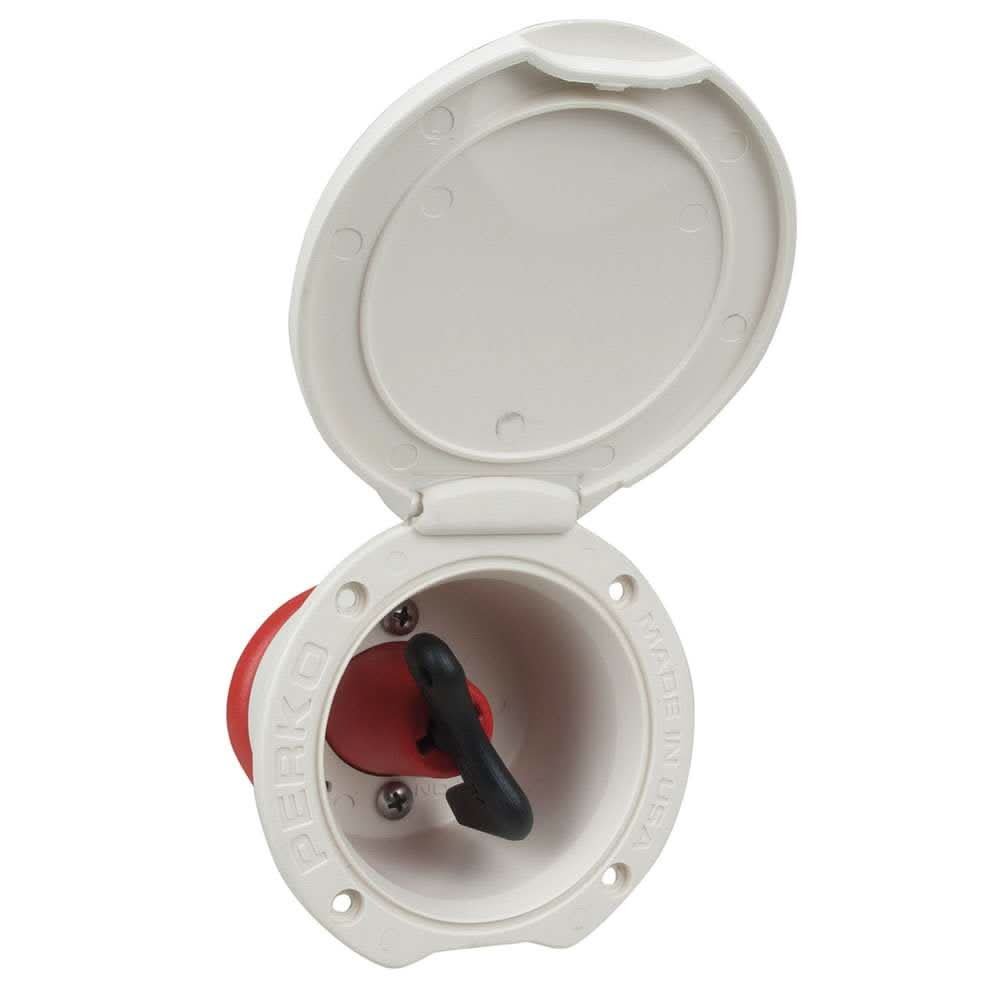 Perko single battery disconnect switch cup mount with red body and black key cover open
