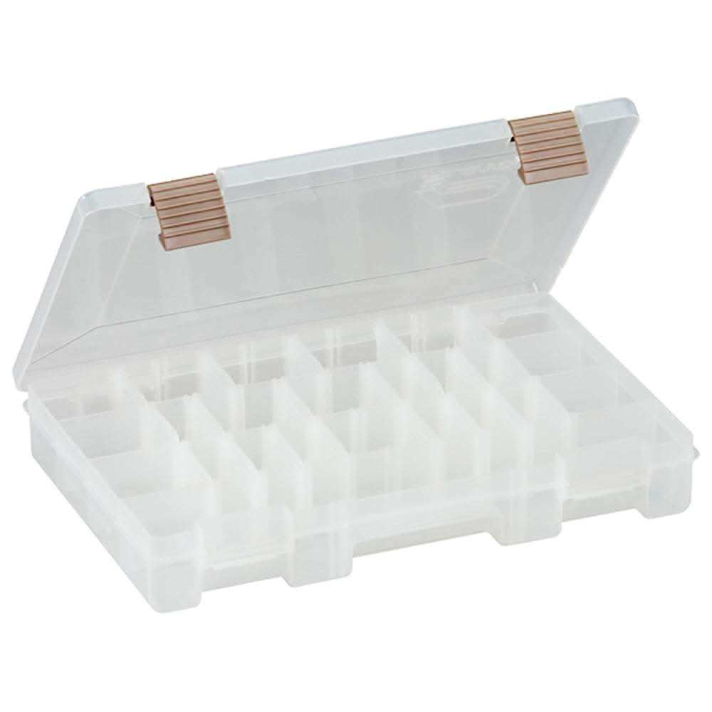 Plano Prolatch Stowaway Horizontal clear plastic organizer with adjustable compartments and secure closures