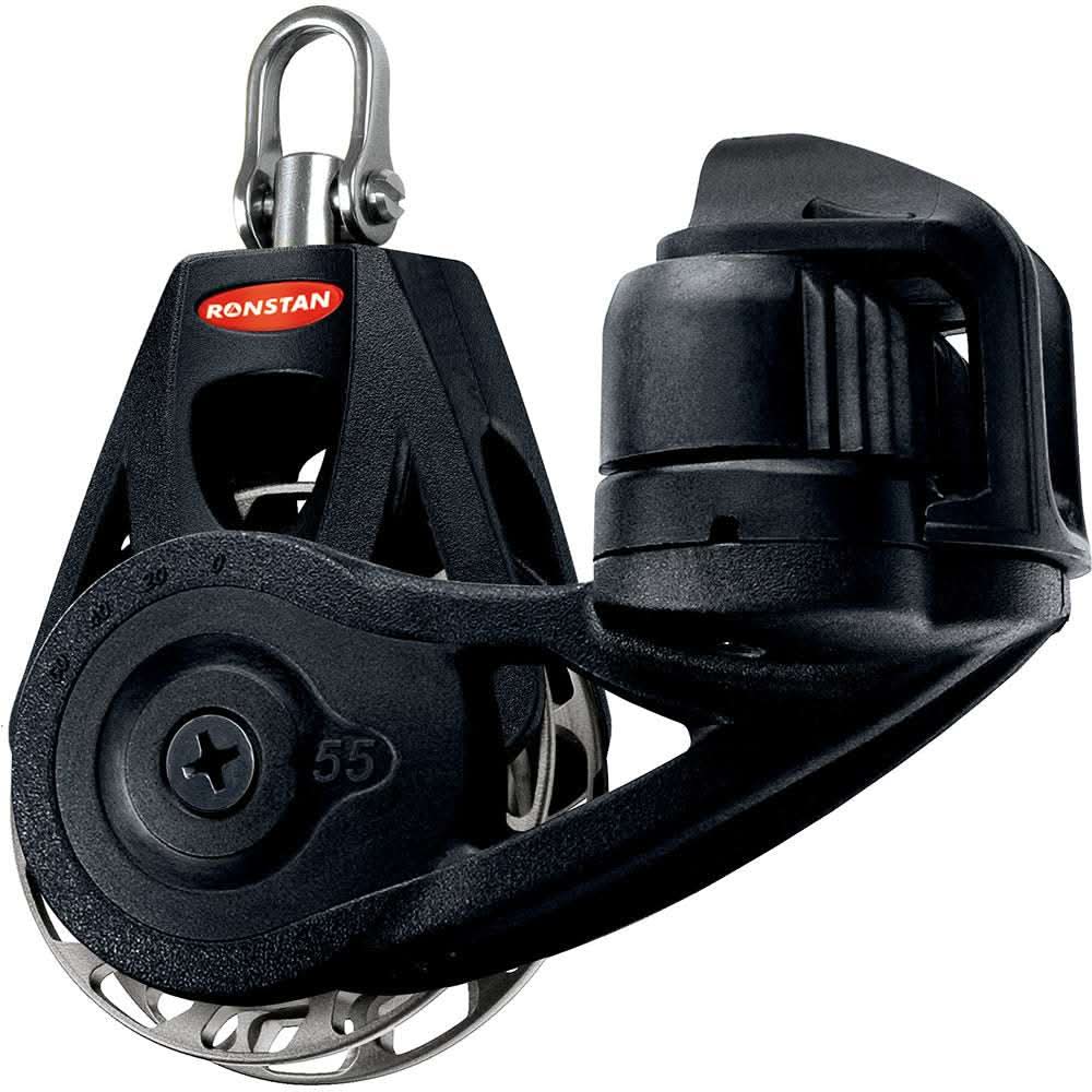 Ronstan Series 55 ratchet mount orbit block with single cleat swivel and automatic ratchet mechanism for high holding power and smooth sheet easing