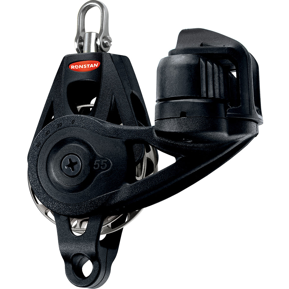 Ronstan Series 55 Ratchet Mount Orbit Block with single becket cleat swivel, black anodized aluminum sheave, and durable nylon frame for high holding power and smooth sheet easing