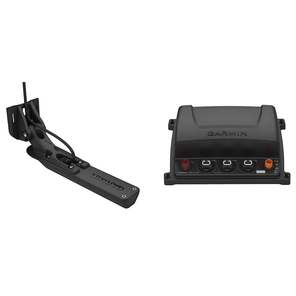 Garmin GCV 20 Ultra HD sonar black box with GT34UHD-TM transom mount transducer in black for high-definition underwater scanning and fishing.