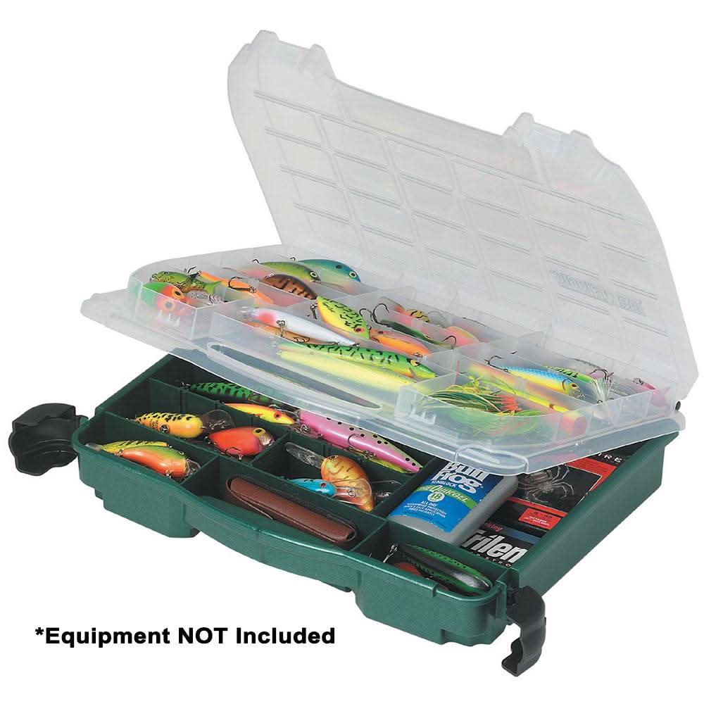 Plano Lockjaw Satchel green fishing tackle box with adjustable compartments and secure latches