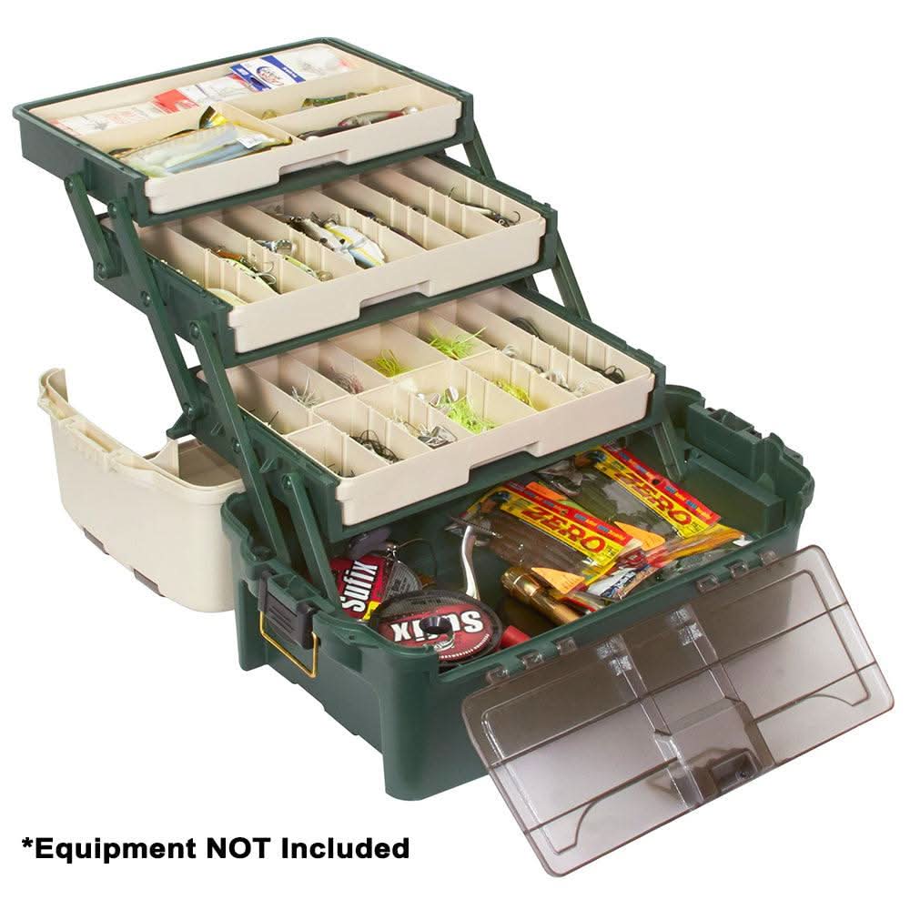 Plano Hybrid Hip 3-Tray Forest Green tackle box with drop-down front, removable drawers, and large storage compartments
