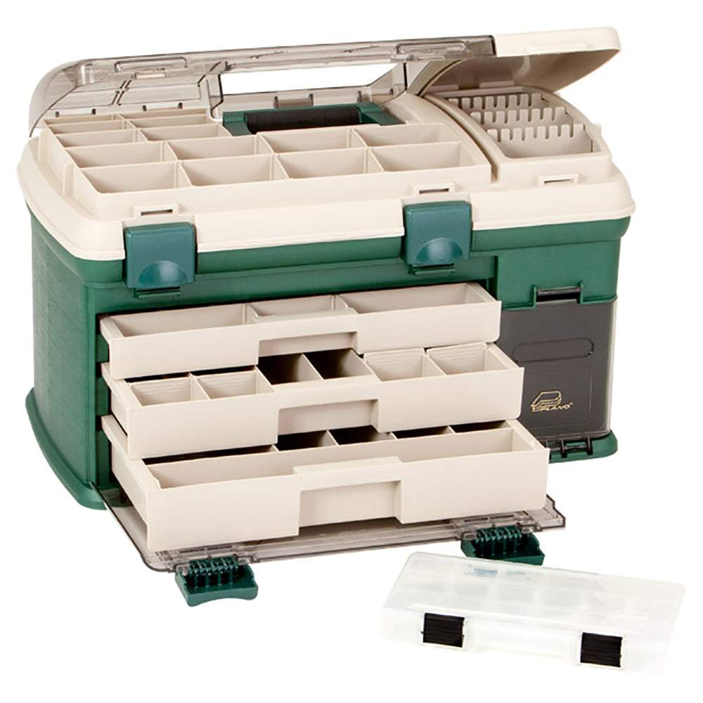 Plano 3-Drawer Tackle Box XL in green and beige with removable spinnerbait racks and clear DuraView lids