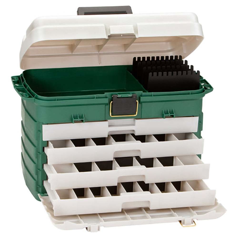 Plano 4-Drawer Tackle Box in green metallic with removable bait racks and side tool storage