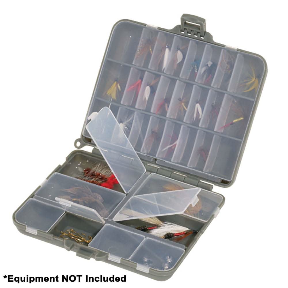 Plano Compact Side-By-Side Tackle Organizer in grey and clear with adjustable compartments for small fishing gear