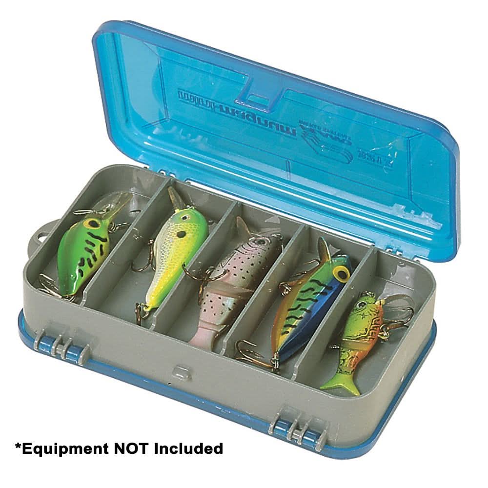 Silver and blue Plano Double-Sided Tackle Organizer small with five compartment slots and a transparent blue lid