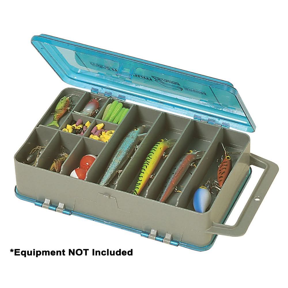 Plano Double-Sided Tackle Organizer Medium in silver and blue with fixed compartments and bulk storage for fishing gear