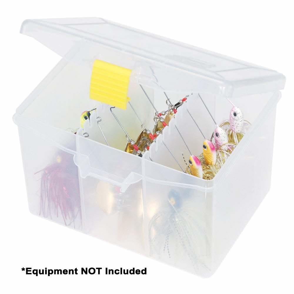 Clear Plano ProLatch Spinnerbait Organizer holding fishing lures with secure yellow latch