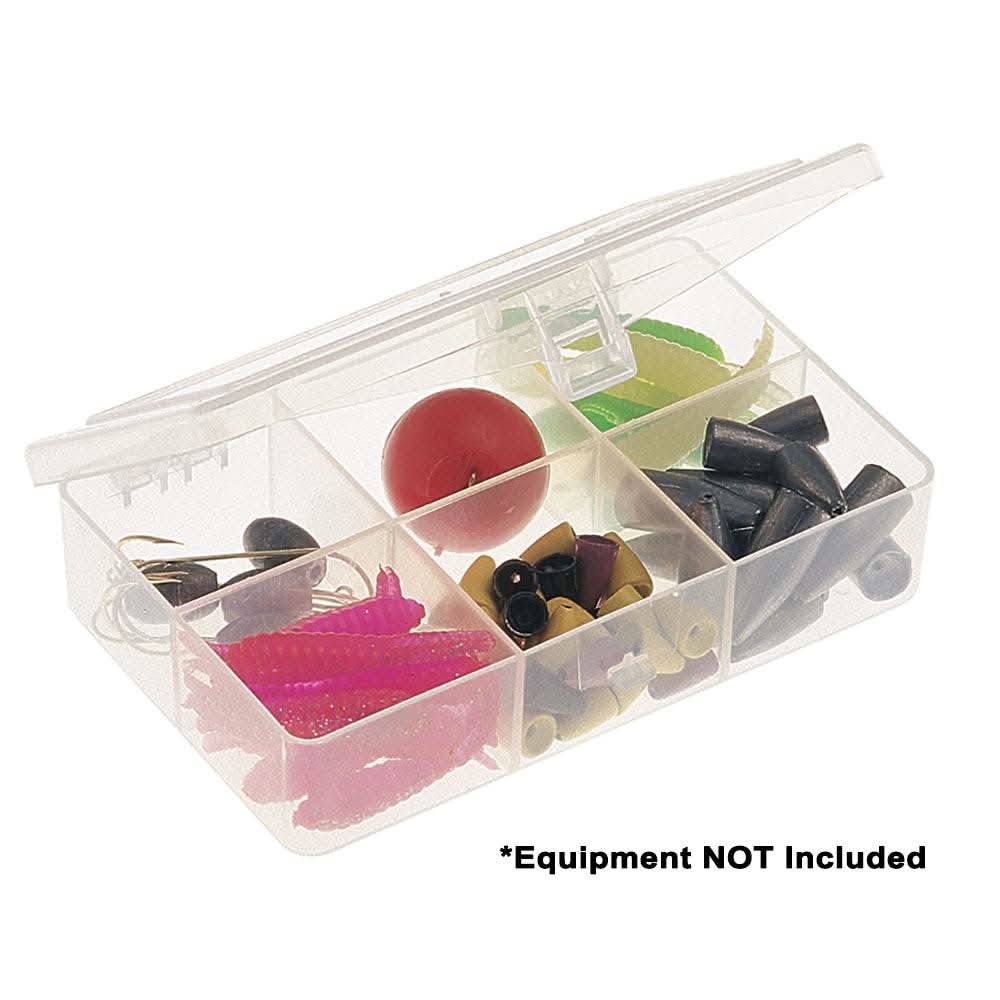 Clear six-compartment tackle organizer box for small fishing gear storage with secure latch