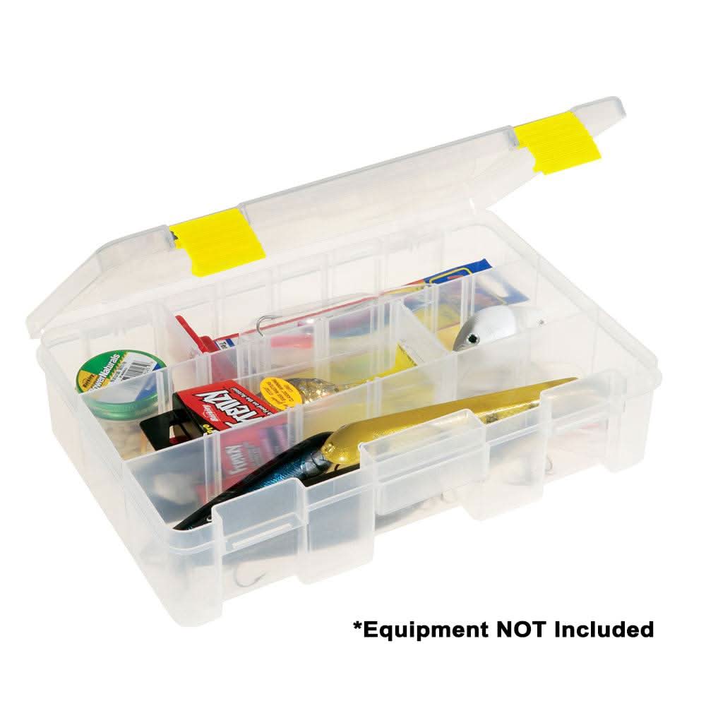 Plano ProLatch Stowaway Deep 3600 clear storage box with adjustable compartments and secure yellow latches