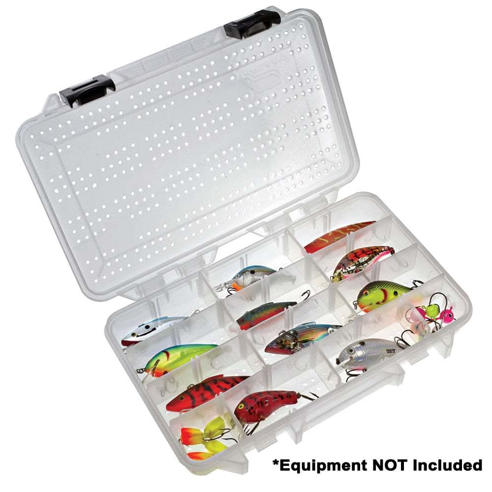 Plano Hydro-Flo Stowaway 3600 clear tackle box with adjustable compartments and ventilation holes