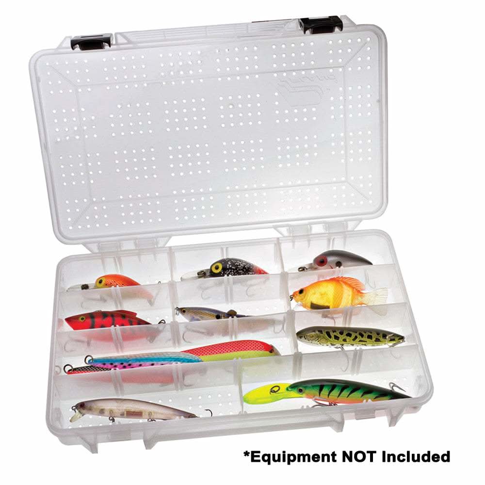 Plano Hydro-Flo Stowaway 3700 clear tackle box with adjustable compartments and ventilation holes