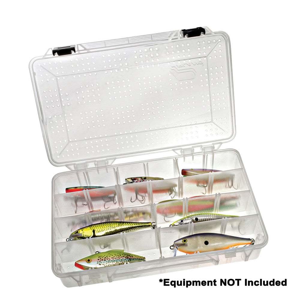 Plano Deep Hydro-Flo clear tackle box with adjustable compartments and ventilation holes