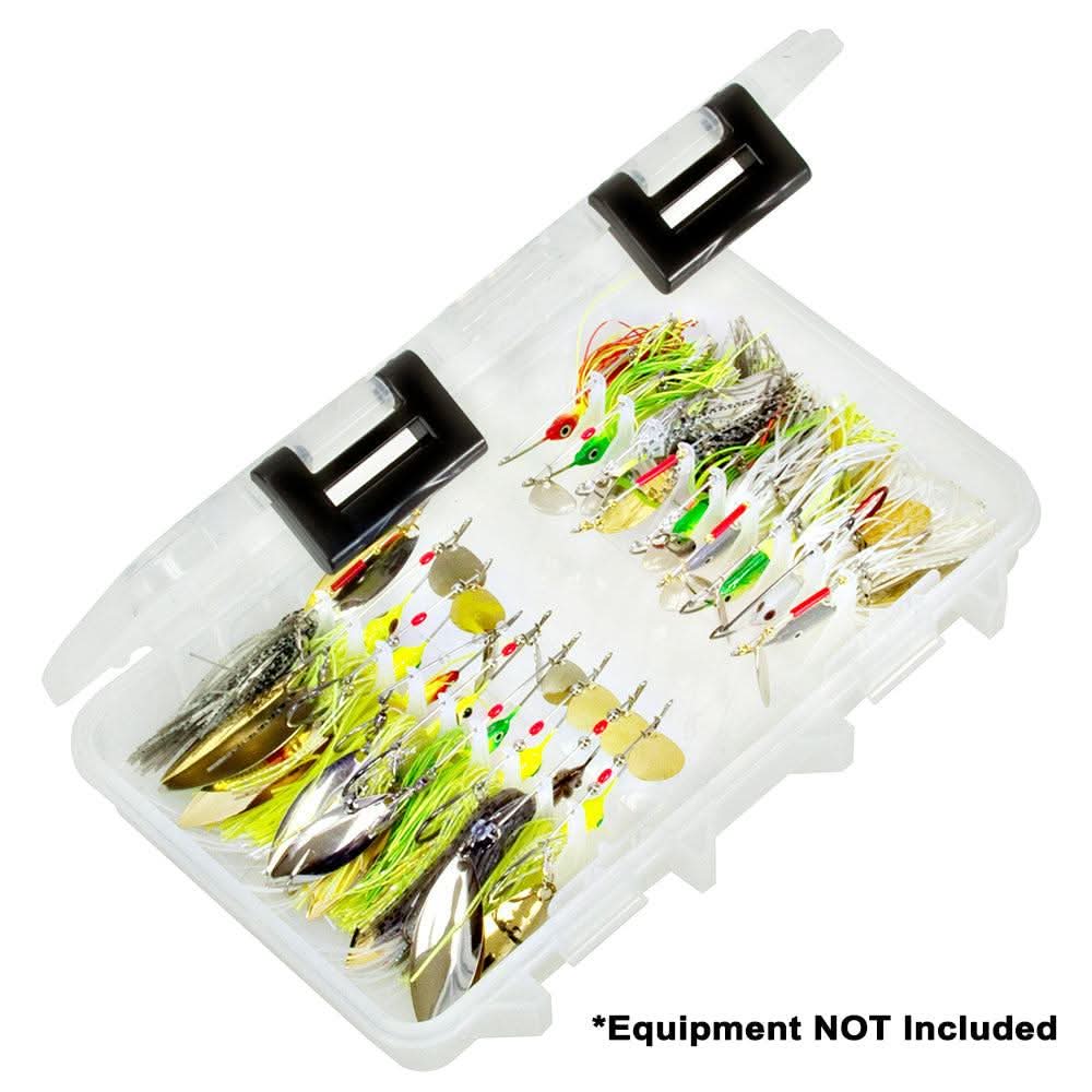 Plano Elite Series Spinnerbait Stowaway 3600 clear storage box holding up to 18 spinnerbaits with transparent lid for easy identification