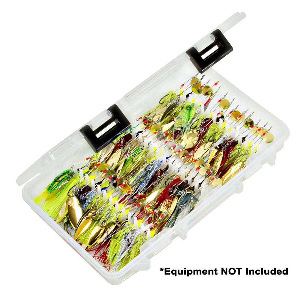Plano Elite Series clear spinnerbait storage box holding multiple spinnerbaits with secure latches