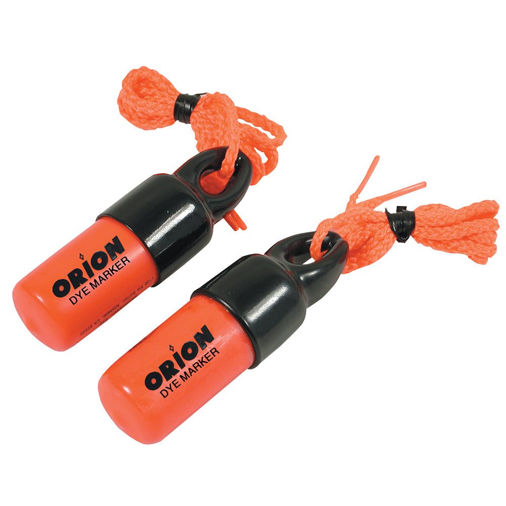 Orion Fluorescent Dye Marker 2-pack with orange waterproof containers and safety cords for signaling in snow or water.