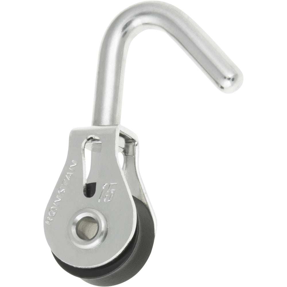 Ronstan Series 15 ball bearing utility block with single swivel hook head, stainless steel and acetal materials.