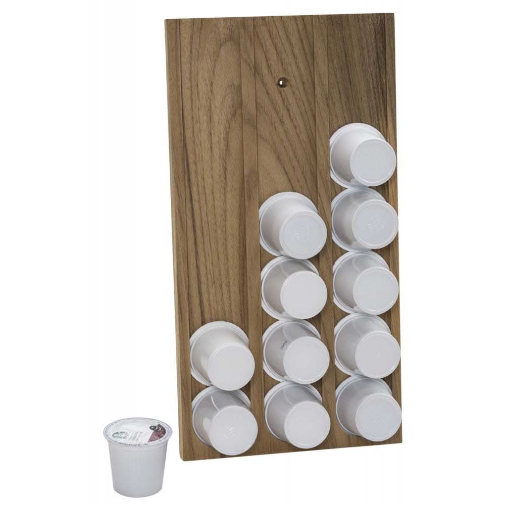 Wall mount teak brew cup K-Cup holder with 18 white brew cups storage capacity