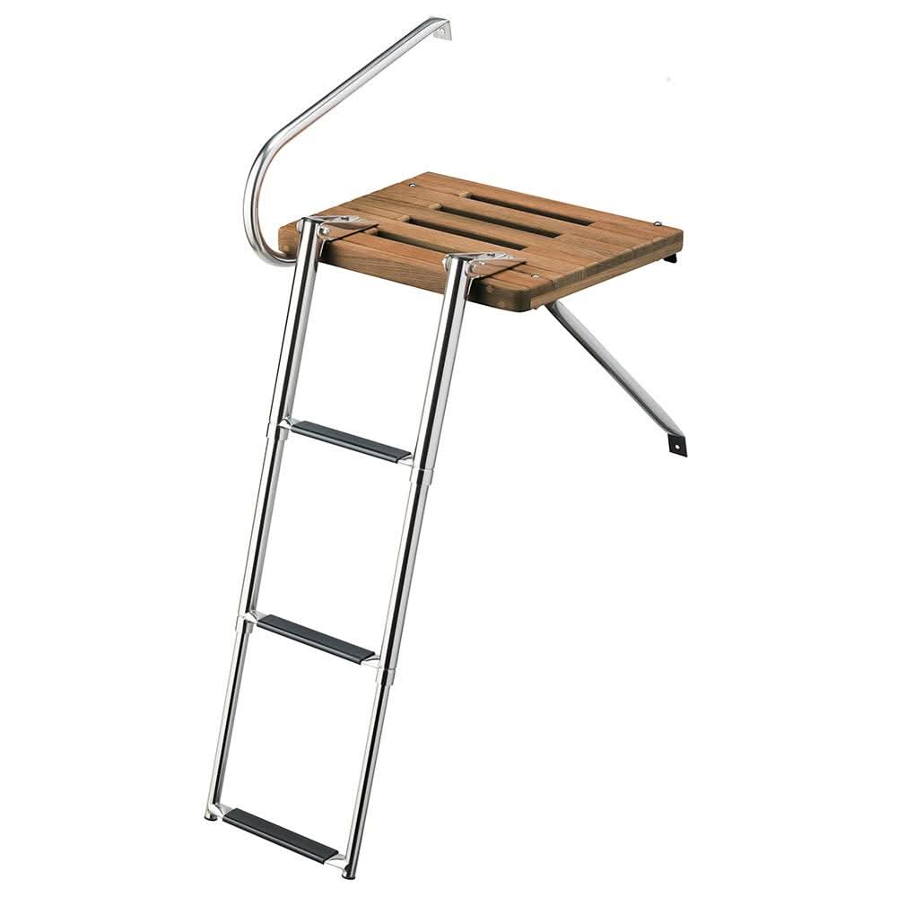 Whitecap Teak Swim Platform with 3-step telescoping stainless steel ladder for boats with outboard motors