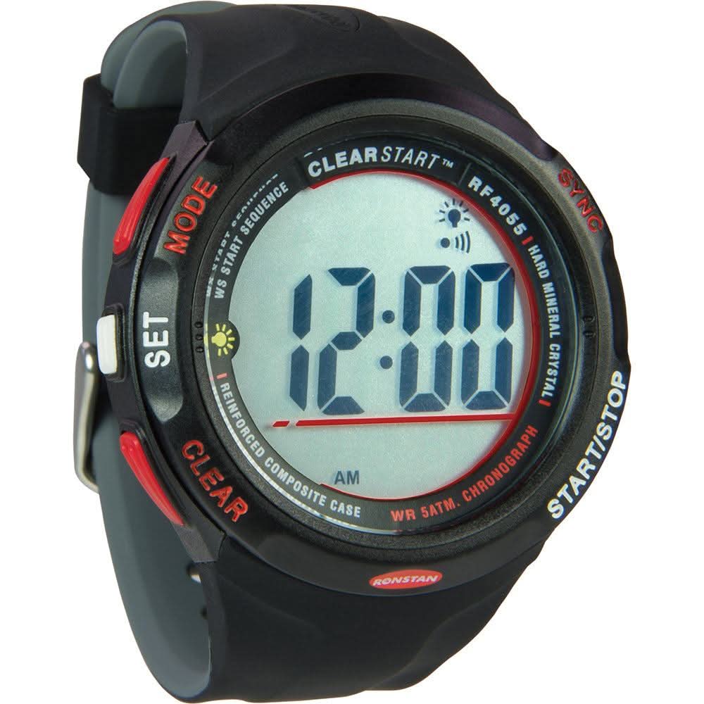 Ronstan RF4055 ClearStart 50mm sailing watch with digital display, black and grey design, and race timer functions