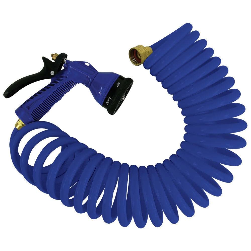 Whitecap 50' blue coiled polyurethane hose with adjustable spray nozzle and 3/4" fittings