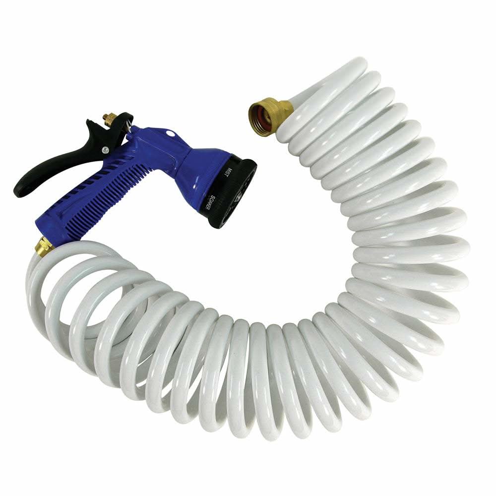 15' white coiled polyurethane hose with blue adjustable nozzle and 3/4" male and female fittings