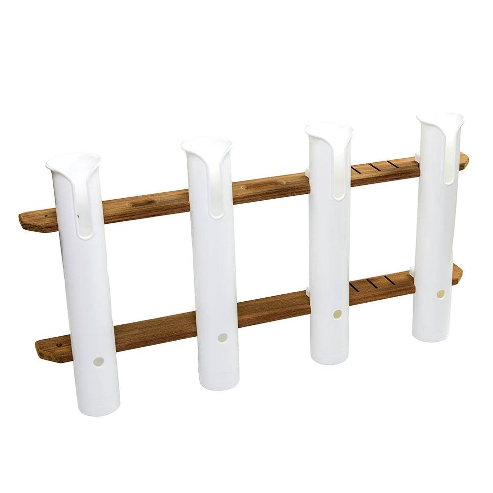 Whitecap Teak 4-Rod Tournament Storage Pack with white polypropylene tubes and teak wood mount