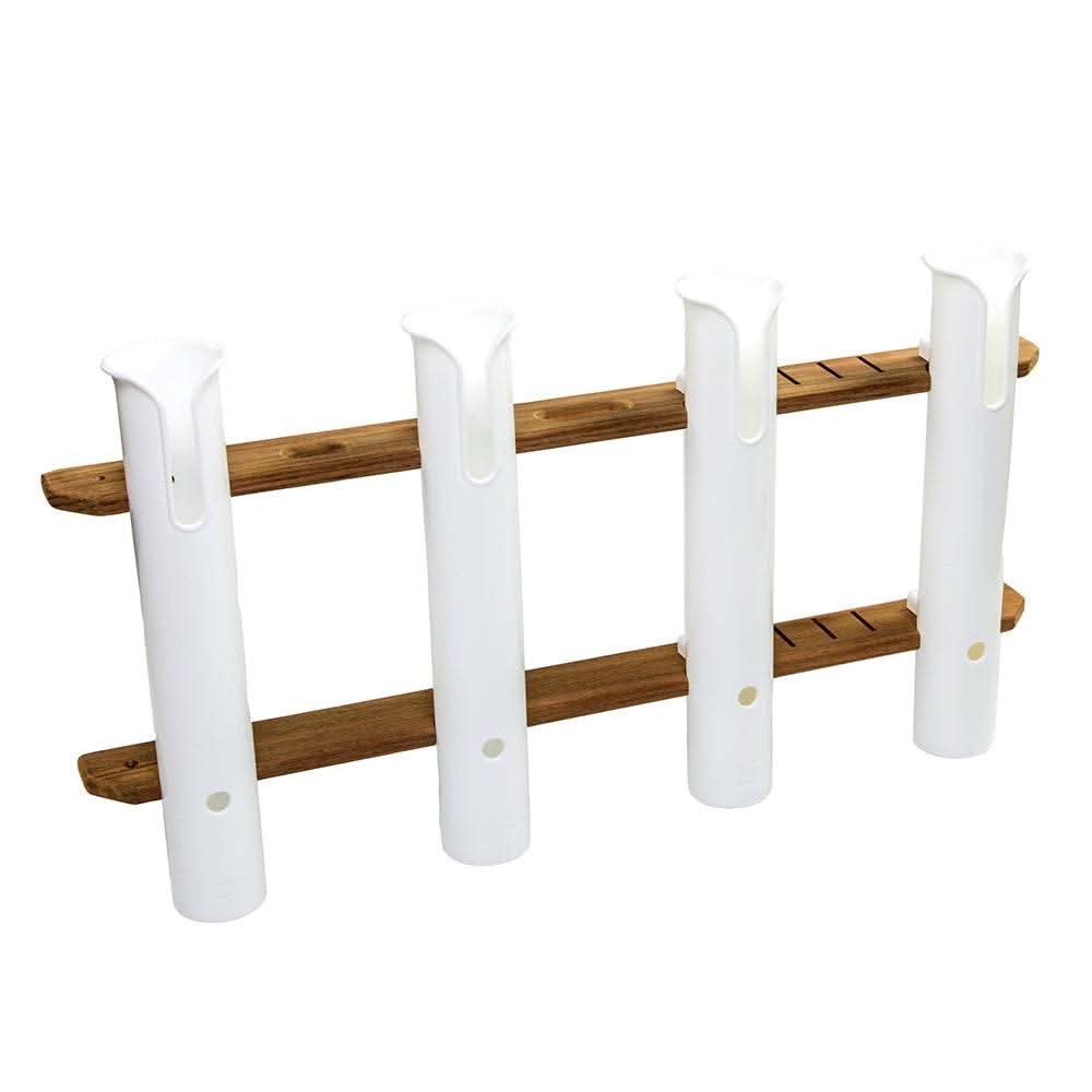 Whitecap Teak 4-Rod Tournament Storage Pack with white polypropylene tubes and teak wood mount