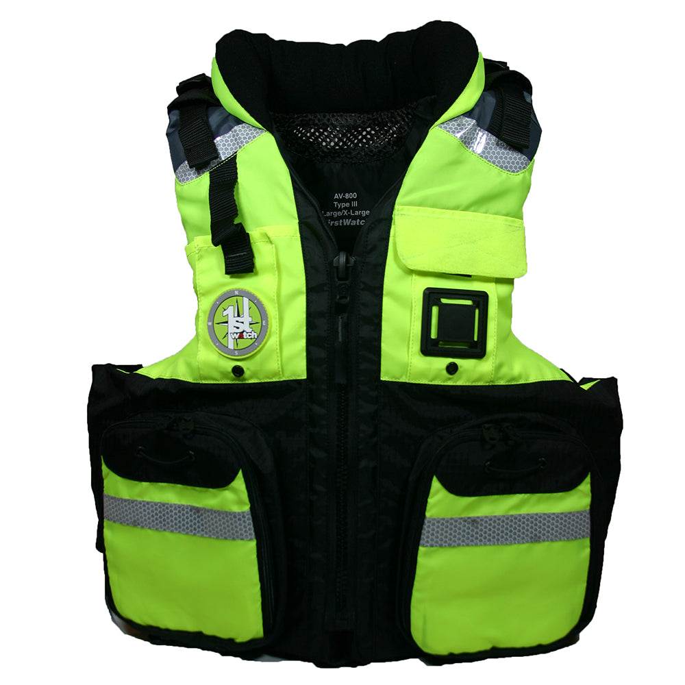 First Watch AV-800 Pro Hi-Vis Yellow Black USCG Type III Safety Vest with 4 Pockets and Reflective Tape S/M