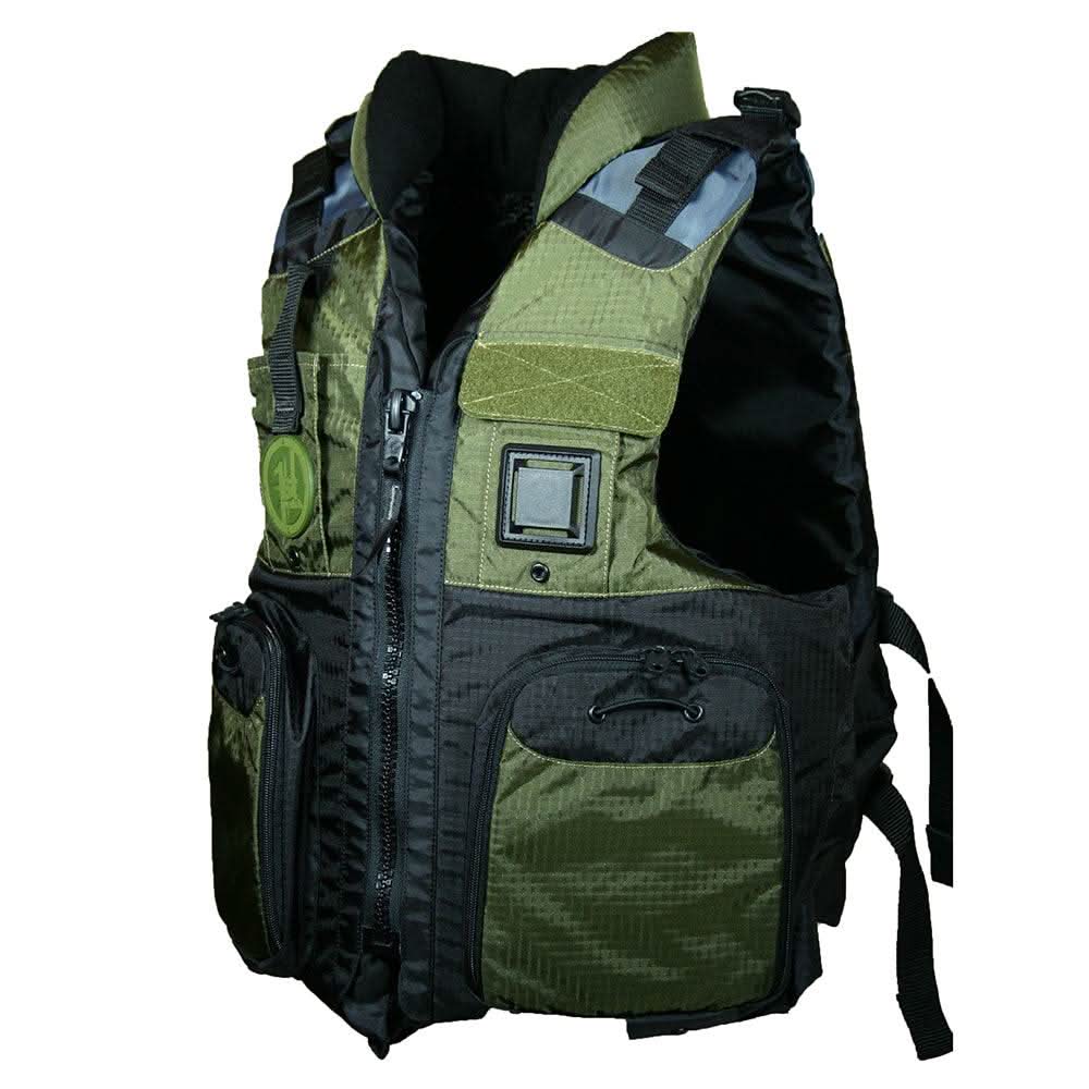 First Watch AV-800 Pro 4-Pocket USCG Type III Vest in green and black with multiple pockets and fleece lining