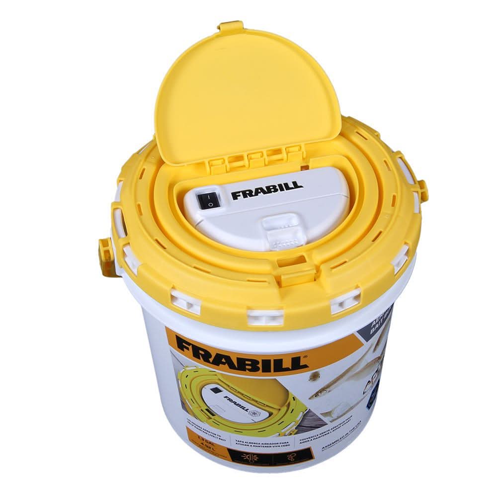 Frabill Dual Fish Bait Bucket with built-in aerator and insulated lid compartment in yellow and white colors