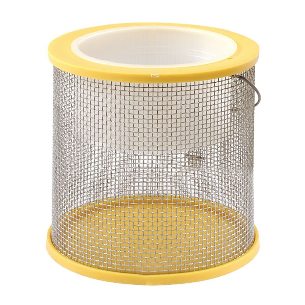 Frabill Cricket Cage Bucket with wide open top and sliding bottom lid for easy cricket access and durable galvanized metal mesh design